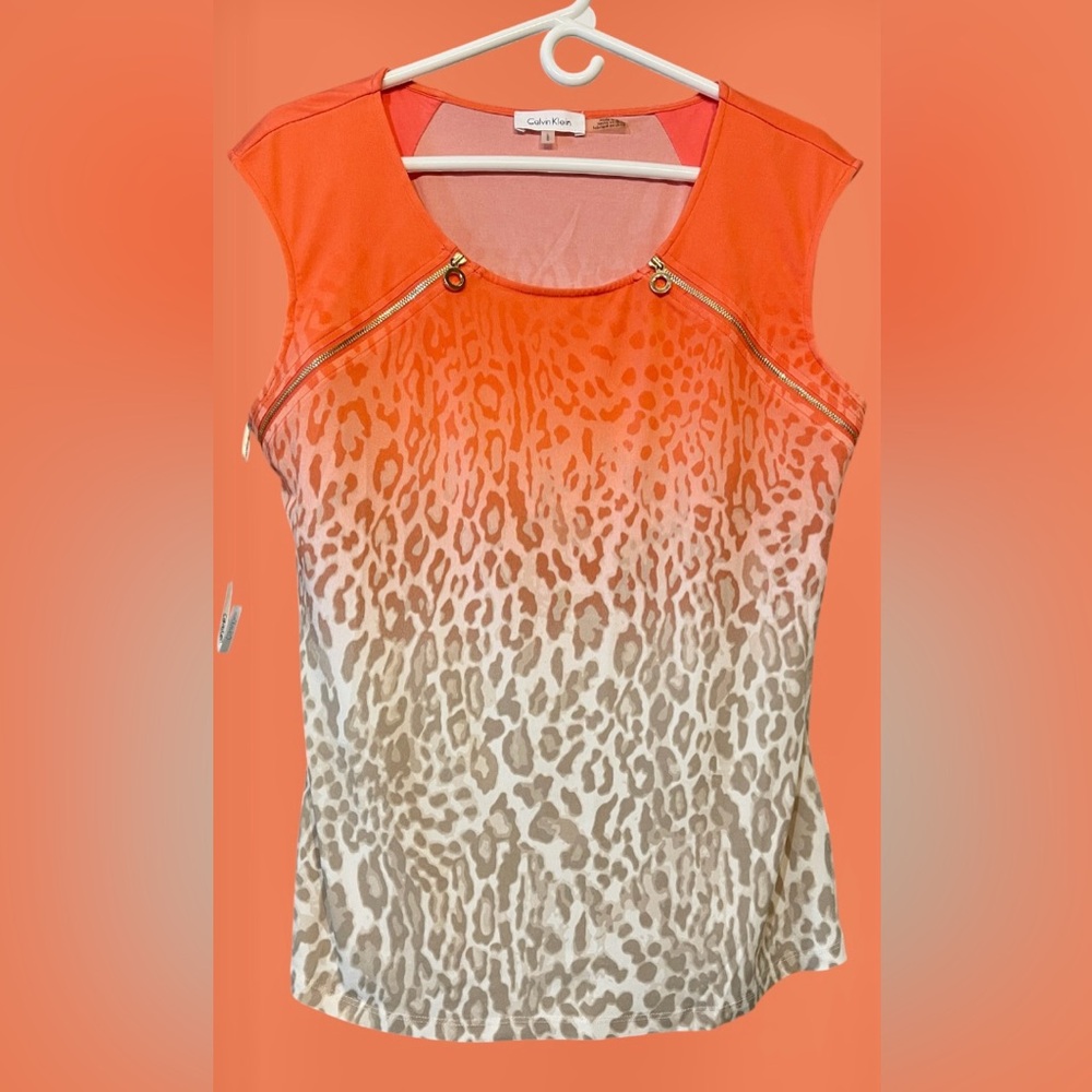 Calvin Klein Top NWOT Orange/White/tan gradient animal print Sz L - Picture 5 of 9